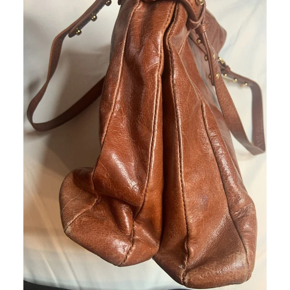 Badgley Mischka Brown Distressed Leather Tote Shoulder Bag Gold Hardware Boho